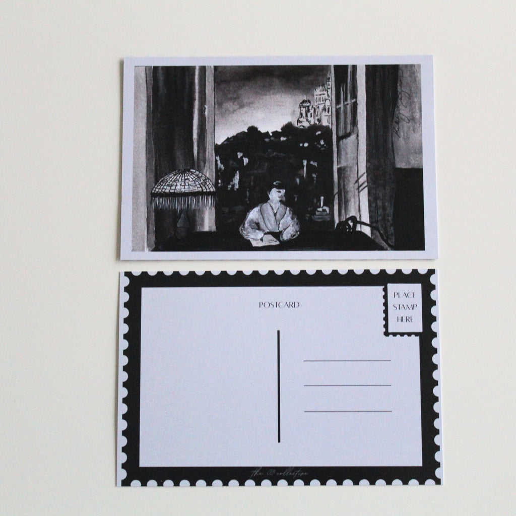 Postcard with an illustration of a duck sitting at a desk with an open window, wearing a robe as she writes a letter, with a Tiffany inspired lamp on the. Pictured with the back of the postcard where a letter can be written and address lines.