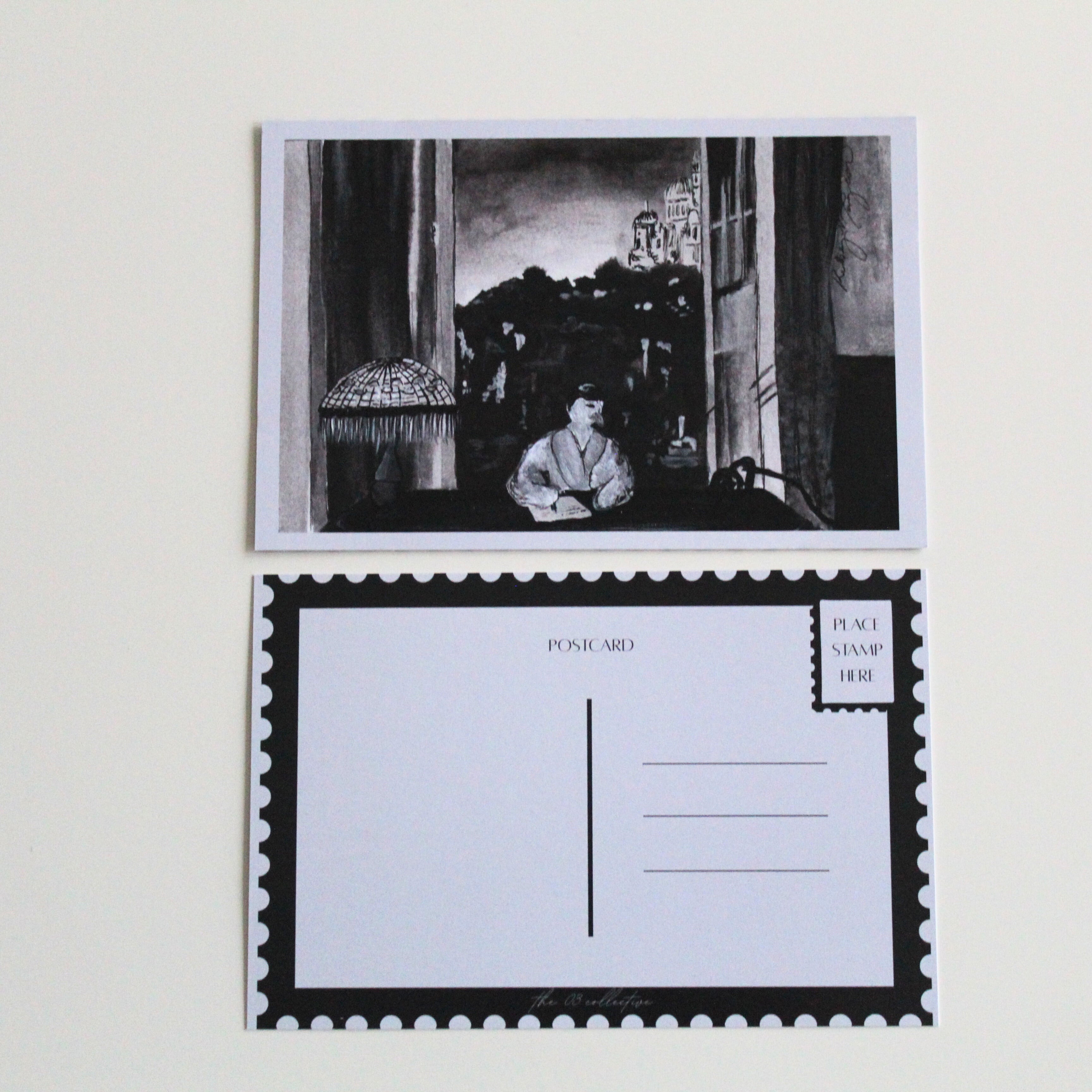 Postcard with an illustration of a duck sitting at a desk with an open window, wearing a robe as she writes a letter, with a Tiffany inspired lamp on the. Pictured with the back of the postcard where a letter can be written and address lines.