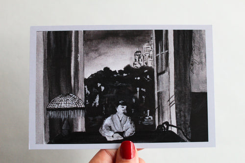 Postcard with an illustration of a duck sitting at a desk with an open window, wearing a robe as she writes a letter, with a Tiffany inspired lamp on the. 