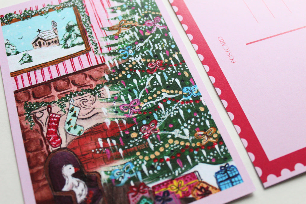 Closeup image of the front and back of the '"A Very Merry Christmas" postcard.