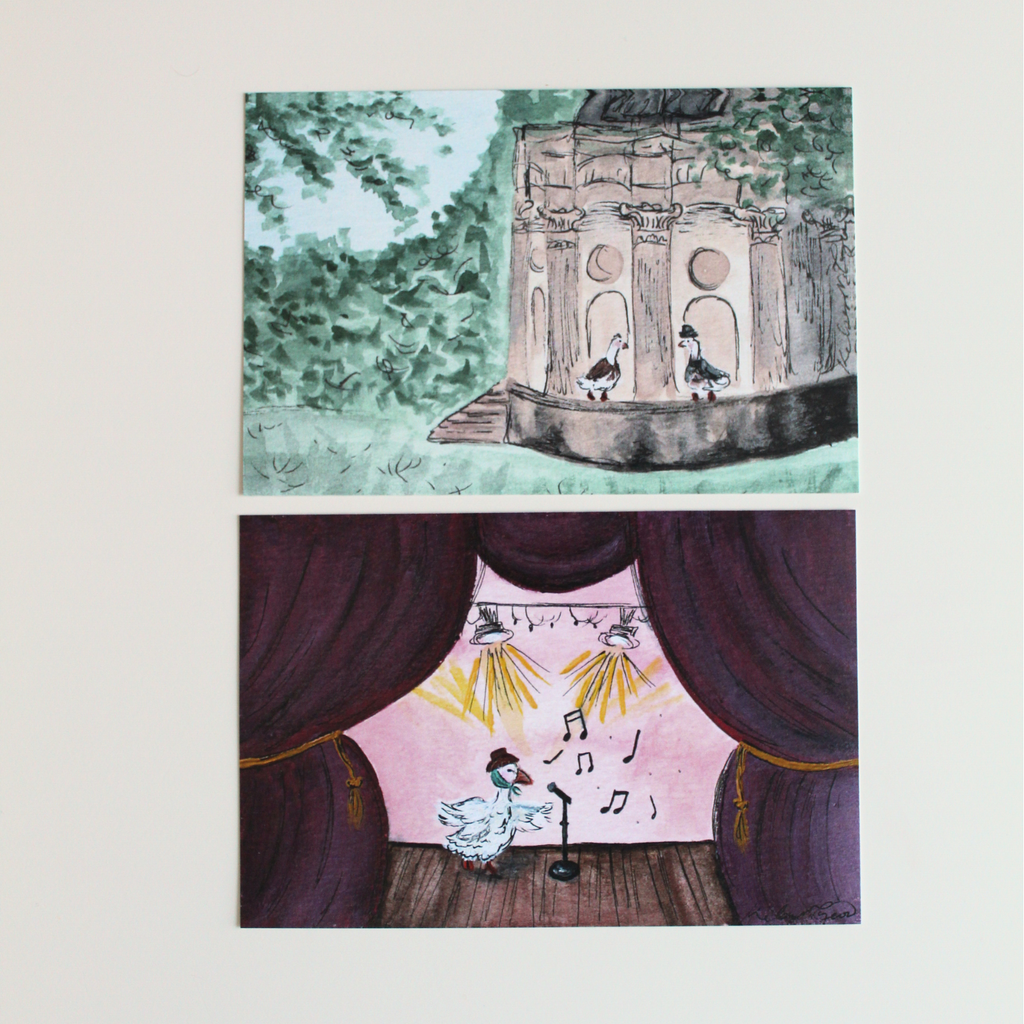 Two illustrated postcards. The top postcard is of the "Most Ardently, Ducks" postcard and the bottom, the "Grammy Award Winning Goose" postcard.