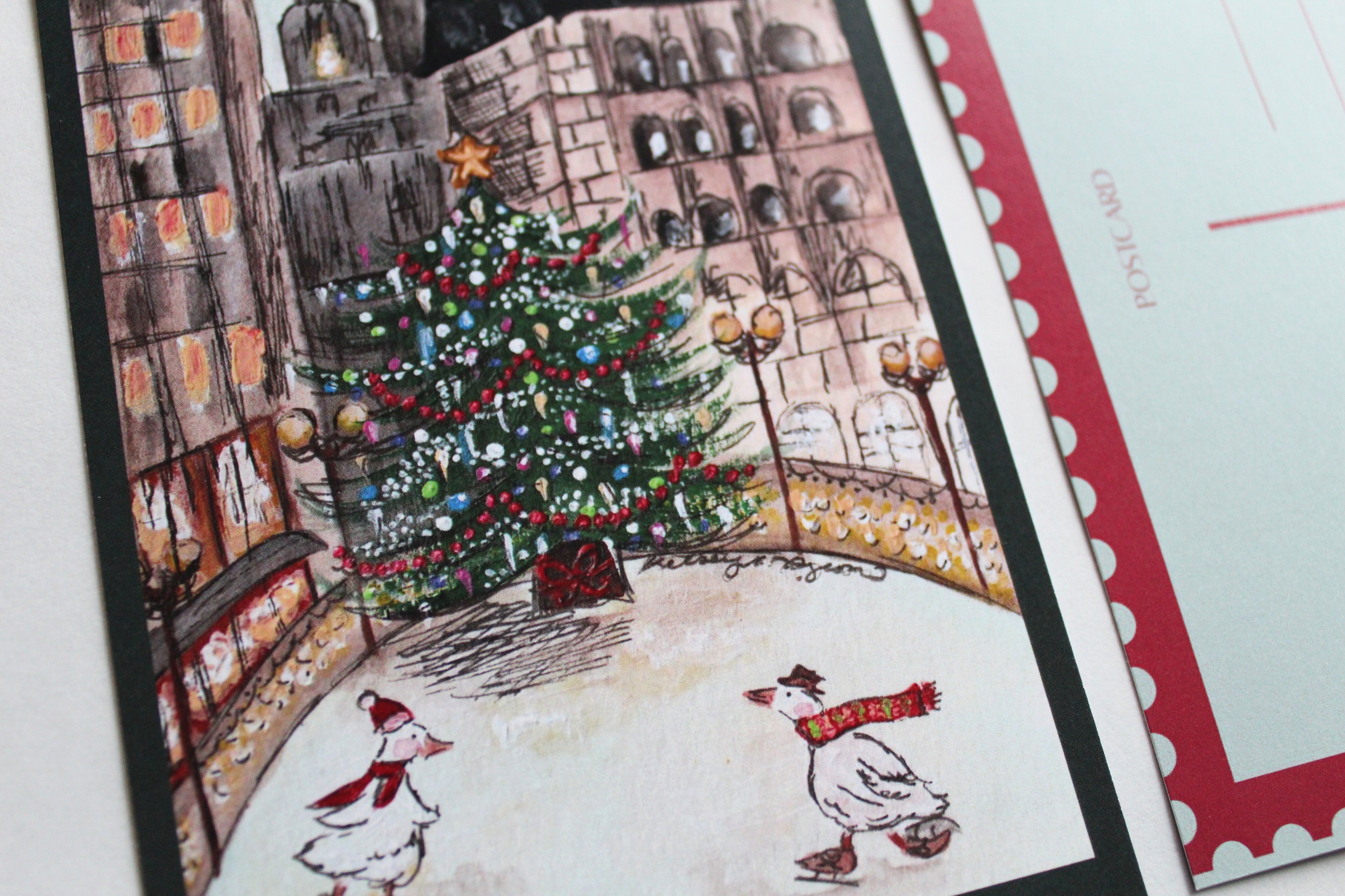 Closeup image of both sides of the "Christmas in New York" Postcard.