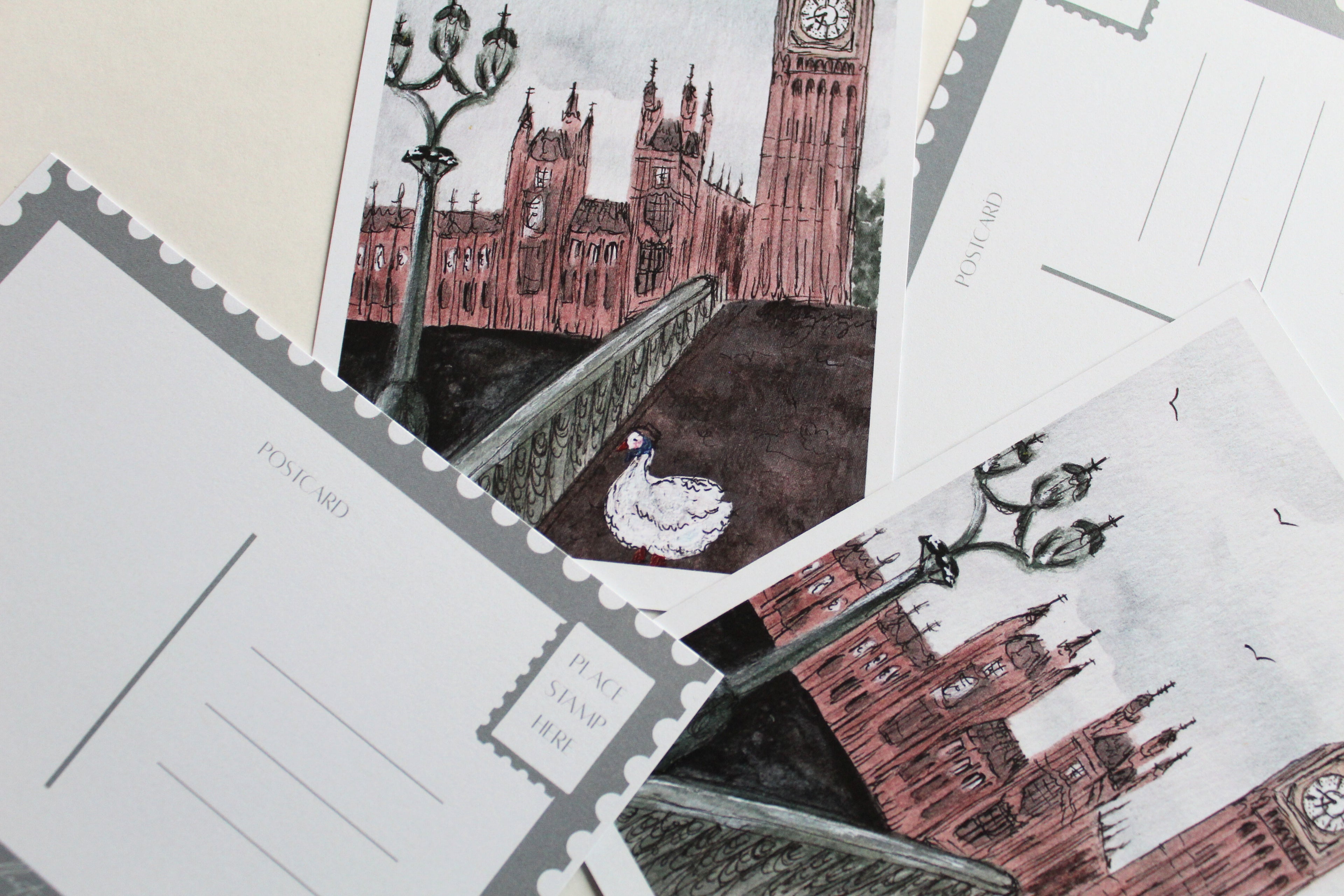 Collage of the "Duck in London" postcard.