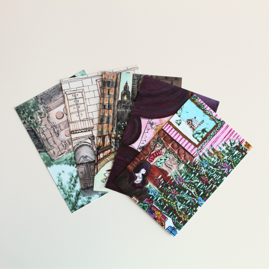 Collage of all five postcards set out as a fan in the Oopsie Postcard Collection.